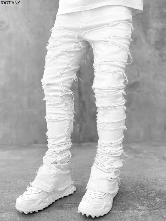 New Fashion Stretch Jeans Man Stacked Jeans Elastic Waist Straight Fit Patchworks Denim Long Pants Fringe Ripped Jeans For Men