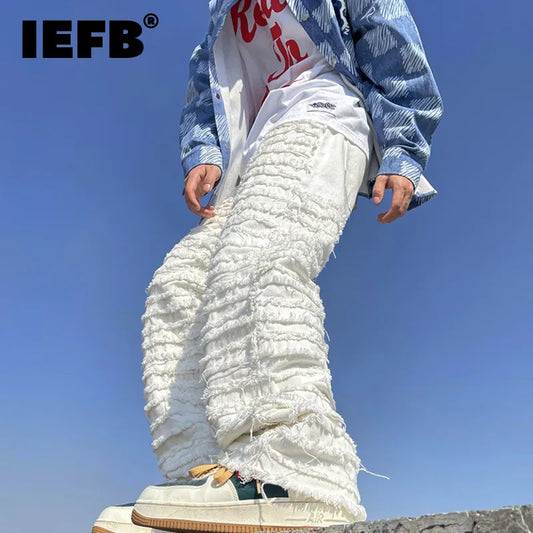 IEFB Niche Design Men's Ripped Jeans Hip Hop Menwear Fashion Loose Straight Denim Pants Personalized  New Trend 9A7210