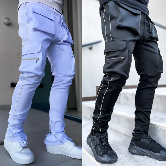 Spring and Autumn Workwear Pants Men's Fashion Brand Elastic Multi-Bag Reflective Straight Sports Fitness Casual Trousers