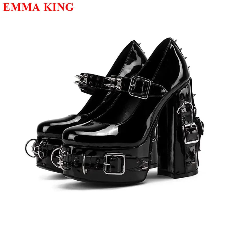 Black Women Pumps Mary Janes Metal Rivet Platform Chunky Female Punk Buckle Party Shoes High Heels Ladies Lolita Gothic Shoes